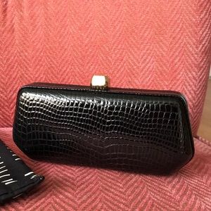 Rebecca Minkoff Black Croc-Embossed Frame Clutch with Gold Clasp